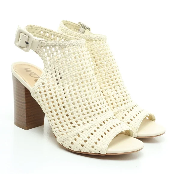 Sam Edelman Evie Basket Weave Heeled Leather Sandals Women 7 Off White/Brown - Picture 4 of 16